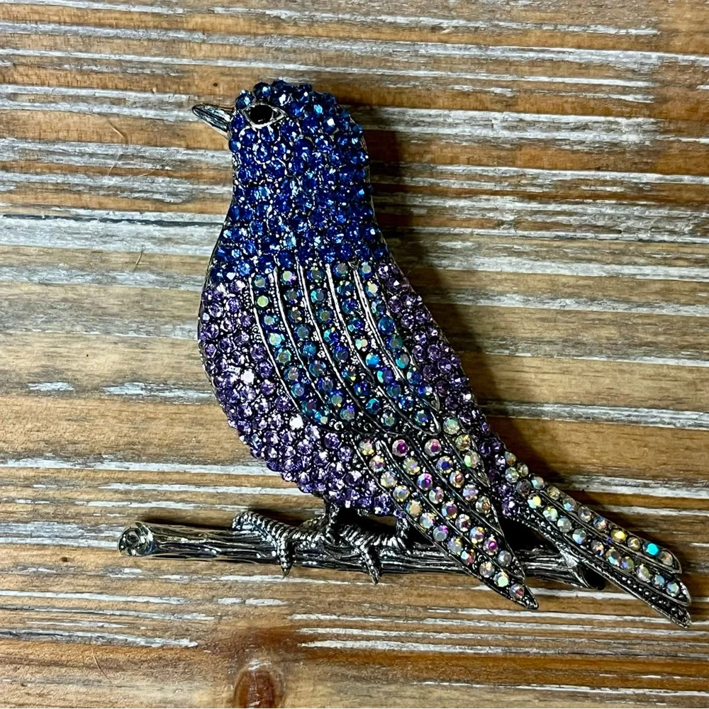 Beautiful Blue & Purple Rhinestone Bird on a Branch Brooch